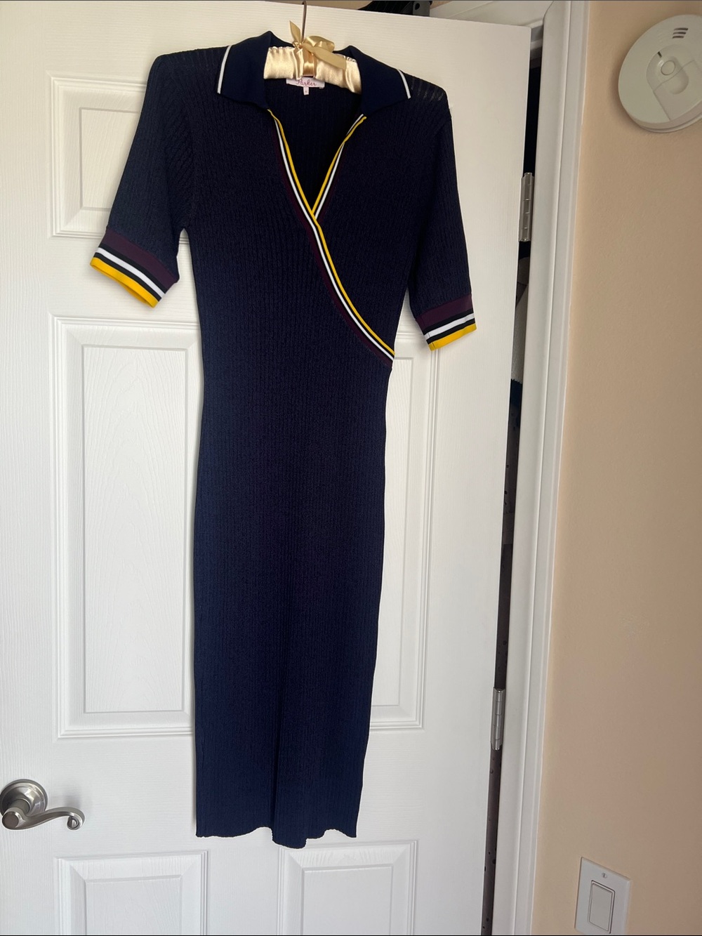 Parker Navy Ribbed Wrap Midi Dress with Yellow & Burgundy Trim